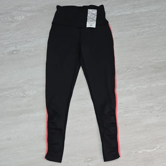Black High-Rise Leggings with Coral Side Stripe - Picture 1 of 8